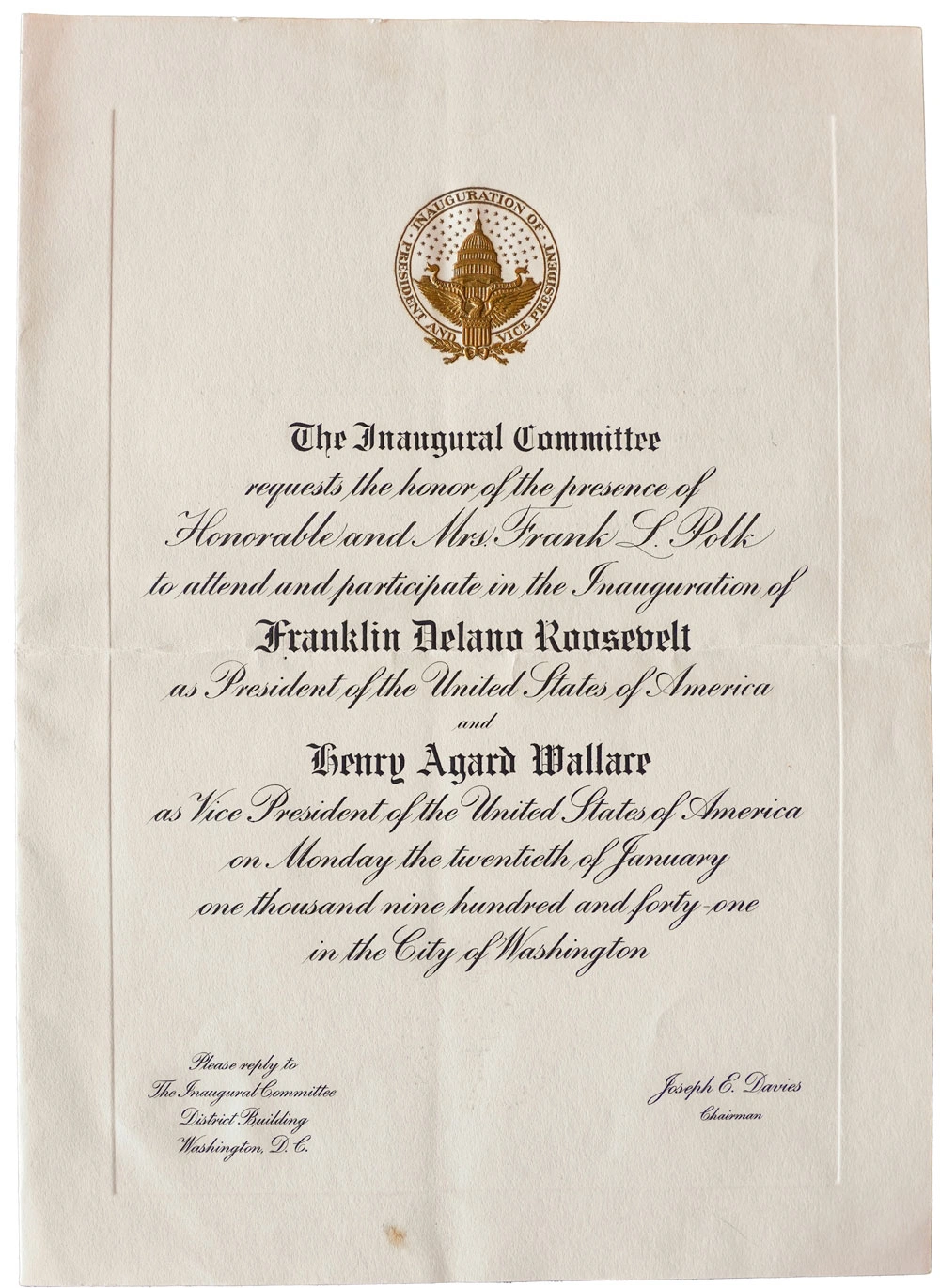 Invitation to President Franklin D. Roosevelt’s unprecedented third inauguration.